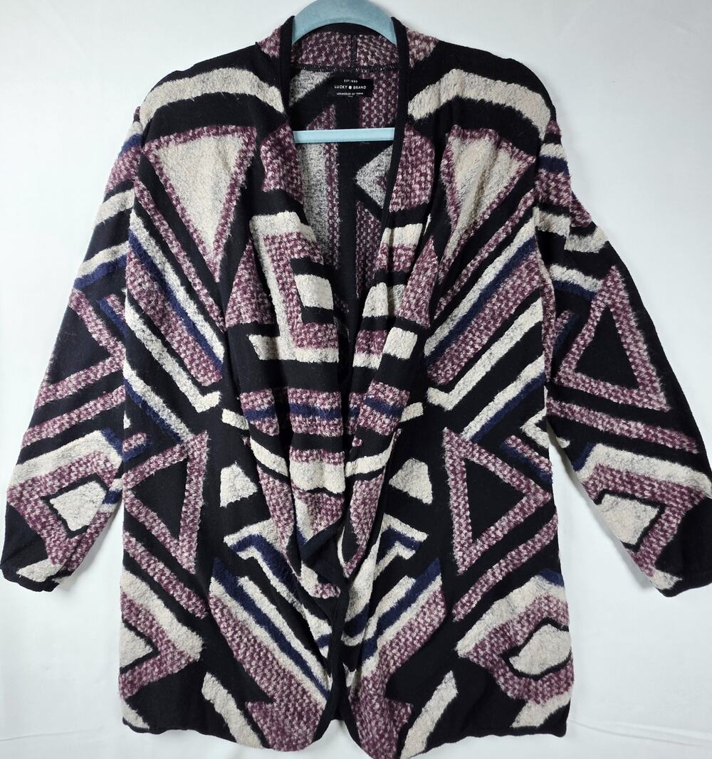 Women's Lucky Brand Intarsia Boho Drape Front Knit Open Cardigan Size L